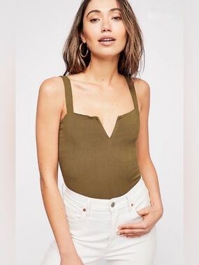 Intimately Free People Olive Green Notched V-Neck Ribbed Bodysuit / XS